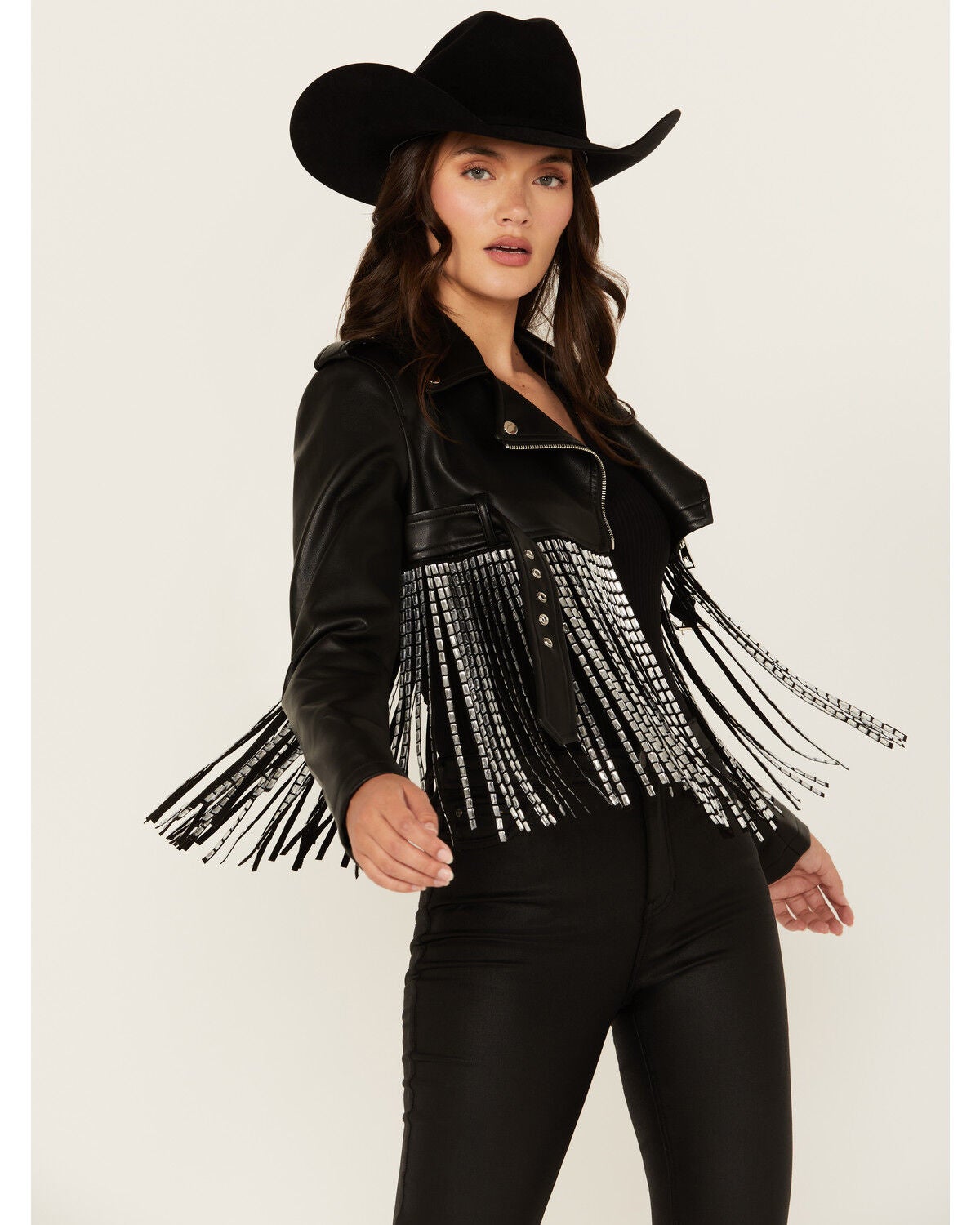 Azalea Wang Women's Jette Cropped Fringe Moto Jacket, Black, hi-res