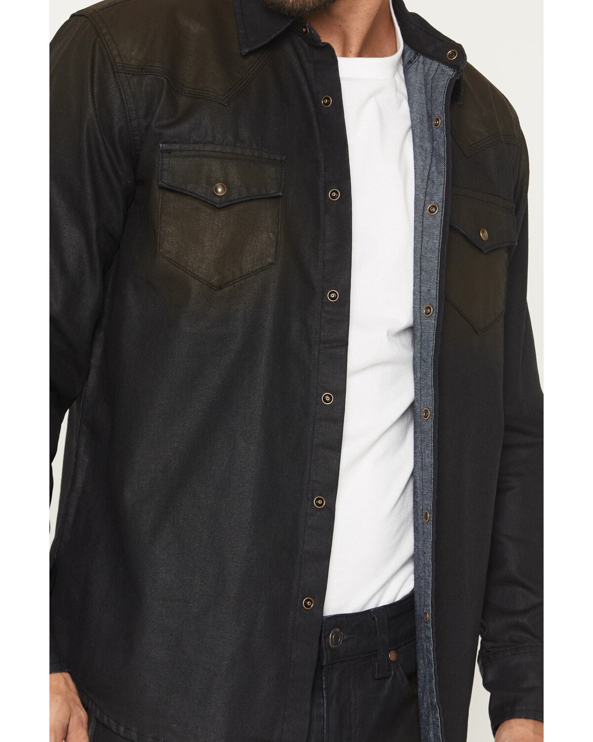 Image #3 - Moonshine Spirit&reg; Men's Wax Coated Denim Long Sleeve Snap Western Shirt, Dark Wash, hi-res