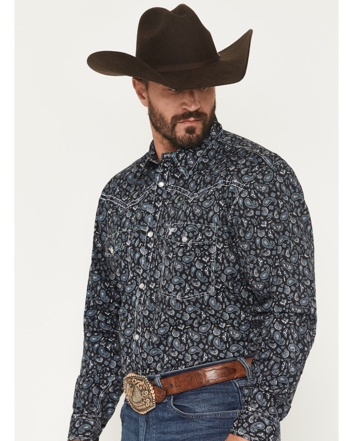 Image #2 - Cowboy Hardware Men's Scatter Paisley Print Long Sleeve Snap Stretch Western Shirt, Black, hi-res