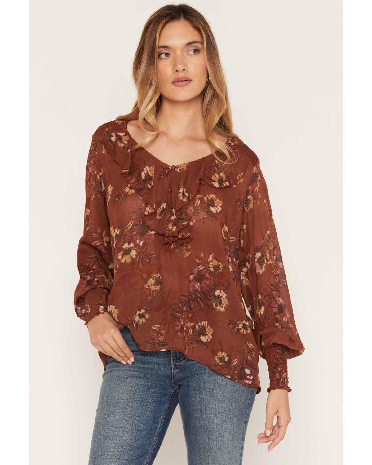 Image #1 - Shyanne Women's Rollins Floral Print Long Sleeve Ruffle Blouse, Bark, hi-res