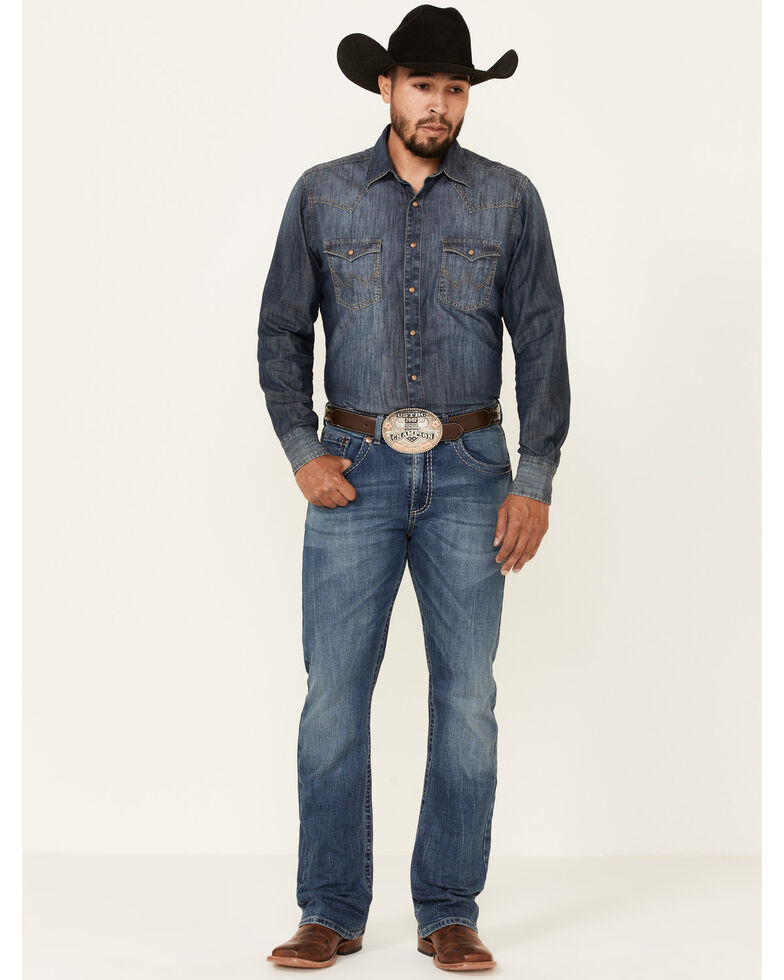 Rock 47 By Wrangler Men's Melody Medium Wash Stretch Slim Bootcut Jeans , Blue, hi-res