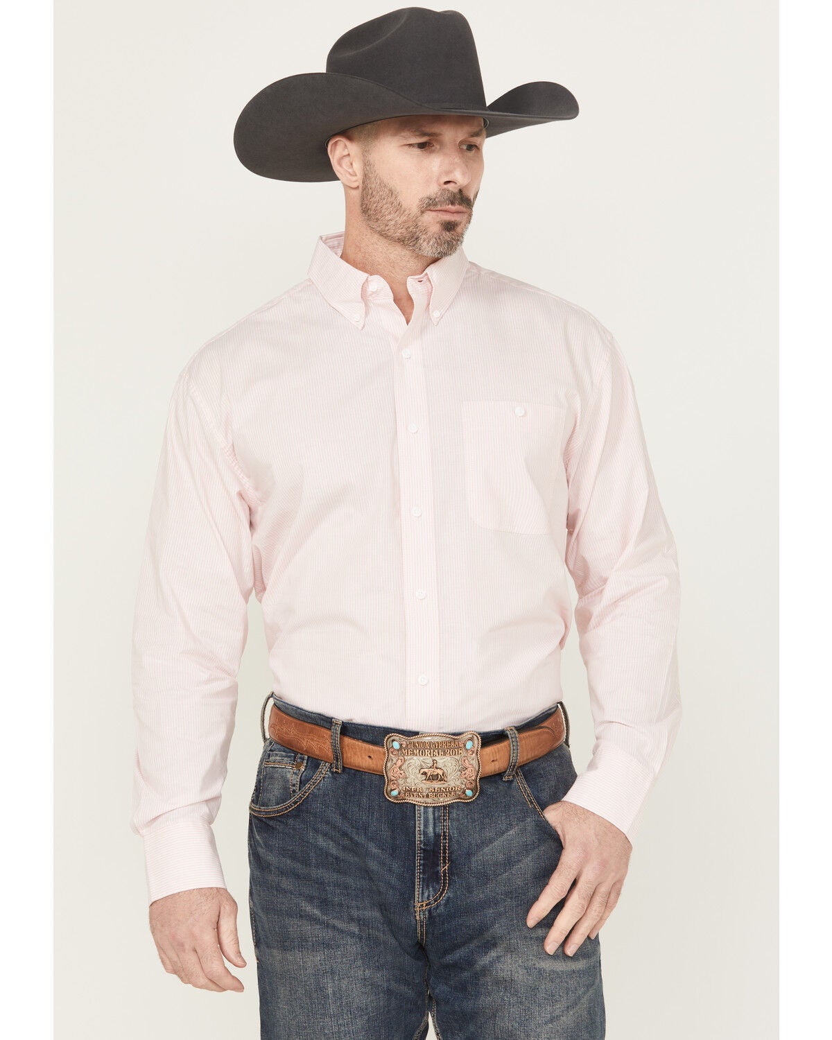Wrangler Men's Bucking Cancer Striped Long Sleeve Button-Down Western Shirt, Pink, hi-res
