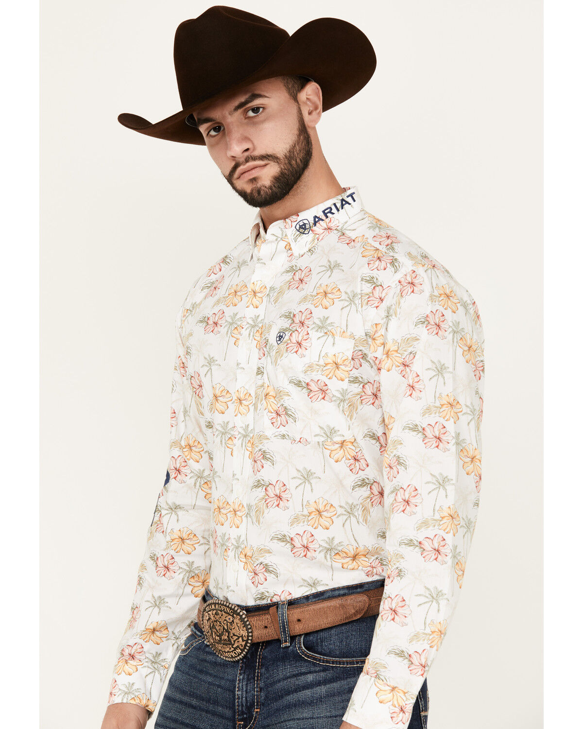 Image #2 - Ariat Men's Team Charlie Floral Print Logo Long Sleeve Button-Down Western Shirt, Natural, hi-res