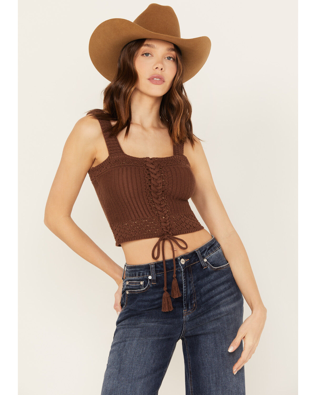 Image #1 - Shyanne Women's Tie-Front Sweater Tank, Medium Brown, hi-res