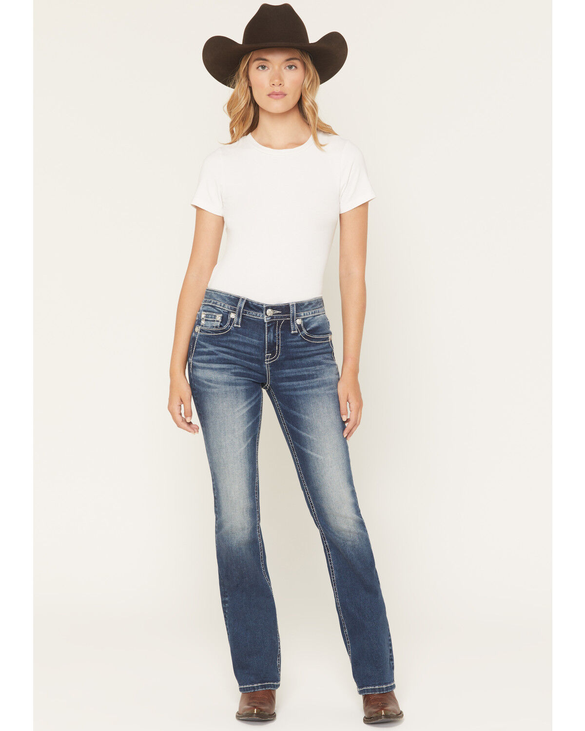 Image #3 - Miss Me Women's Dark Wash Mid Rise Embroidered Pocket 34" Bootcut Stretch Denim Jeans, Dark Wash, hi-res