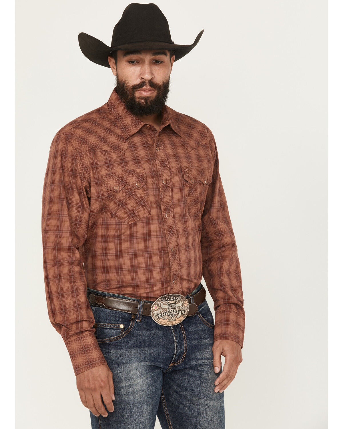 Wrangler Retro Men's Plaid Print Long Sleeve Snap Western Shirt, Rust Copper, hi-res