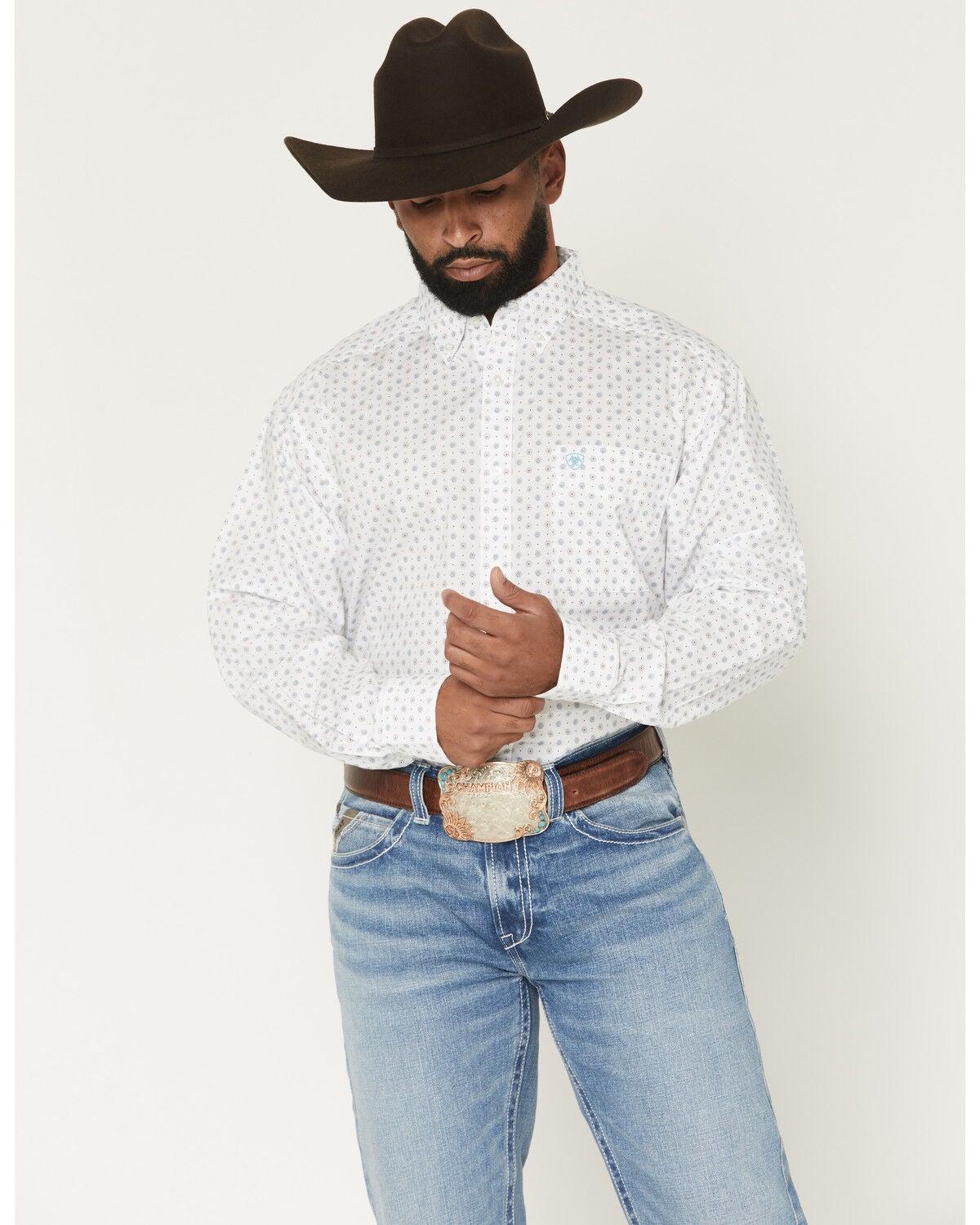 Ariat Men's Jayson Geo Print Long Sleeve Button-Down Western Shirt, White, hi-res