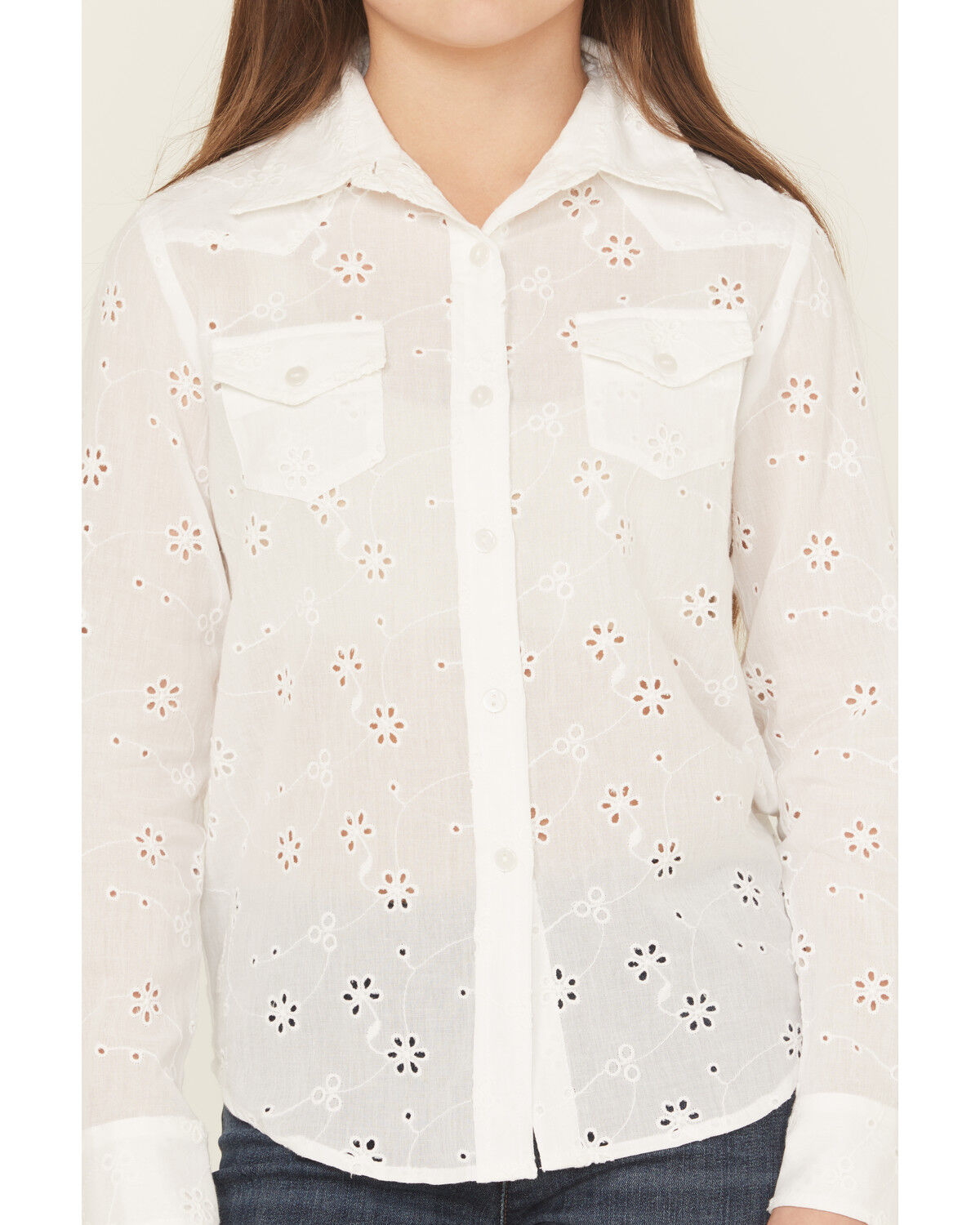 Image #3 - Roper Girls' Eyelet Long Sleeve Button-Down Western Shirt, White, hi-res