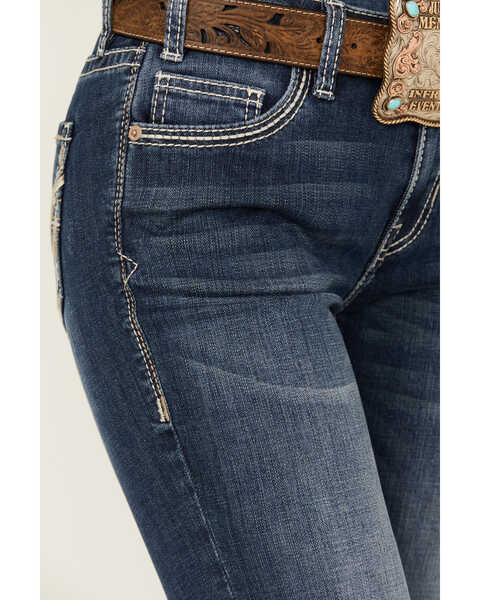 Image #4 - Rock & Roll Denim Women's Medium Wash Mid Rise Pleather Embroidered Pocket Bootcut Stretch Denim Jeans , Medium Wash, hi-res