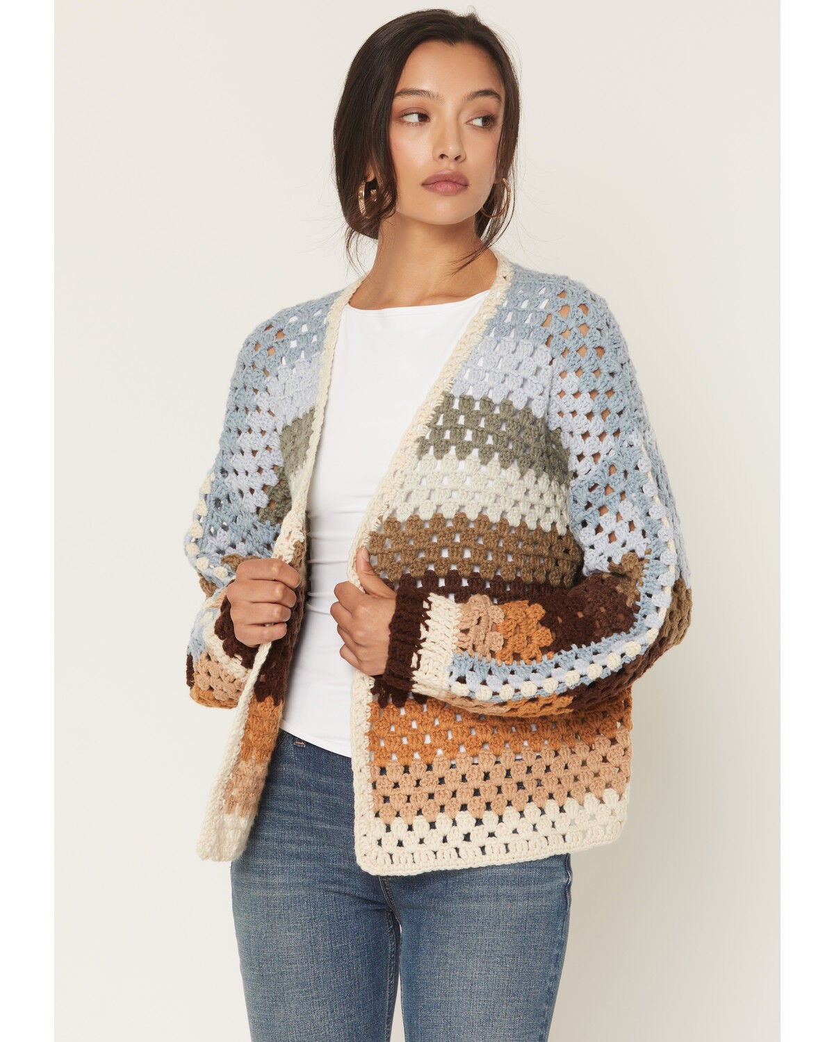 Elan Women's Stripe Crochet Cardigan, Multi, hi-res