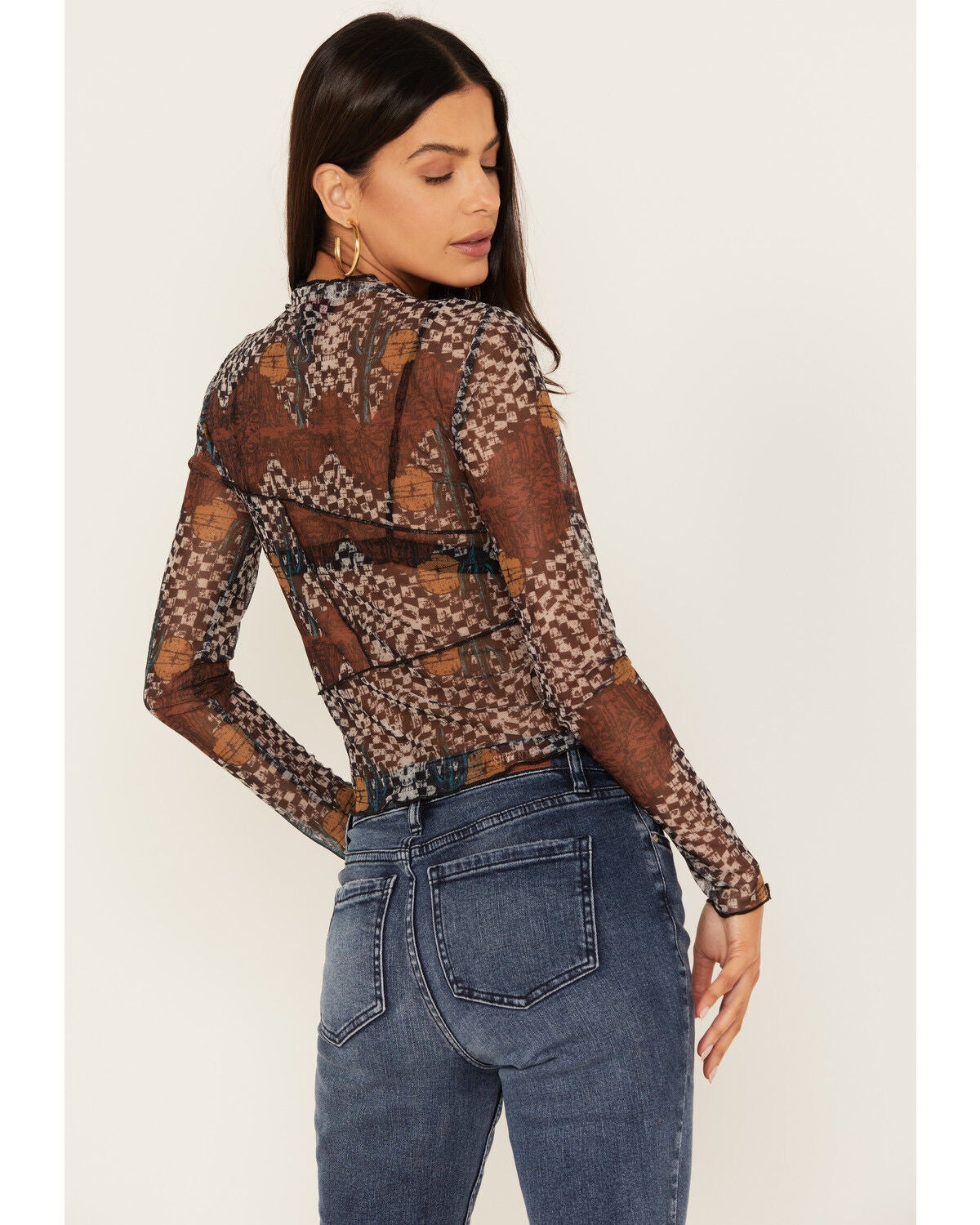 Image #4 - Rock & Roll Denim Women's Floral Check Print Mesh Long Sleeve Top, Multi, hi-res