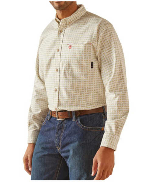 Ariat Men's FR Gosling Geo Print DuraStretch Long Sleeve Button-Down Work Shirt , Green, hi-res