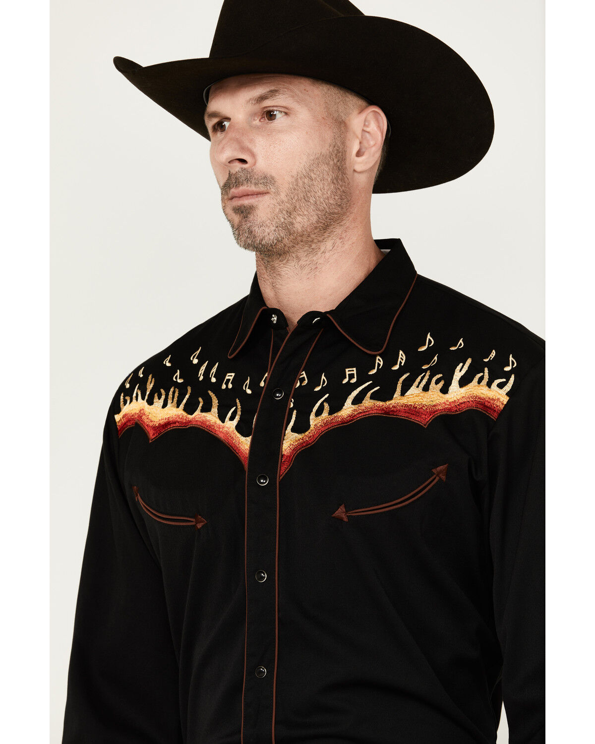 Image #2 - Scully Men's Music Note Flame Embroidered Long Sleeve Snap Western Shirt, Black, hi-res