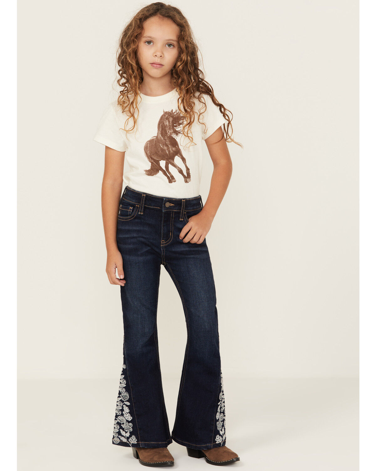 Image #1 - Shyanne Little Girls' Lacey Dark Wash Lace Inset Flare Stretch Denim Jeans, Dark Wash, hi-res