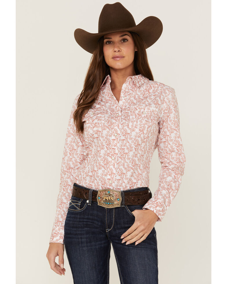 Wrangler Women's Floral Print Long Sleeve Western Shirt, Blush, hi-res