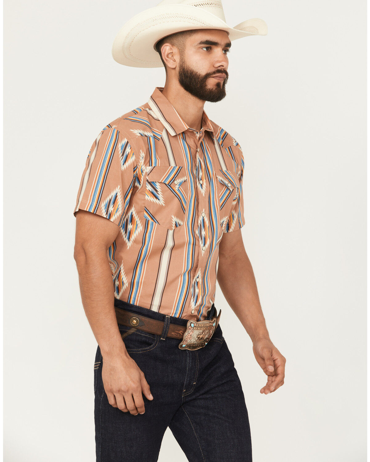 Image #2 - Panhandle Slim Men's Southwestern Striped Print Short Sleeve Snap Western Shirt, Tan, hi-res