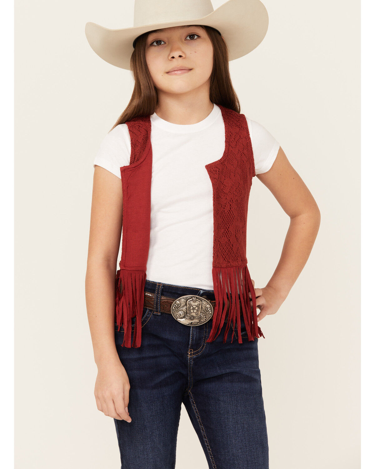 Image #1 - Shyanne Girls' Fringe Lace Vest, Brick Red, hi-res