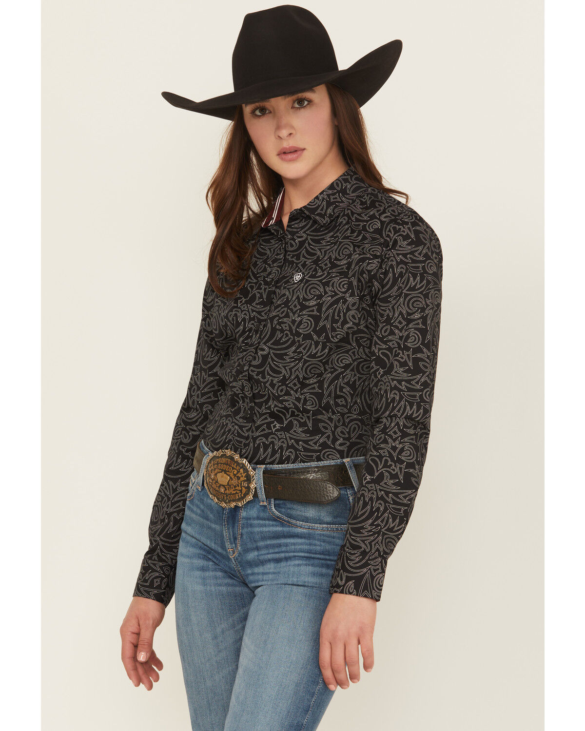 Image #1 - Ariat Women's Boot Stitch Kirby Long Sleeve Button-Down Stretch Western Shirt, Black, hi-res