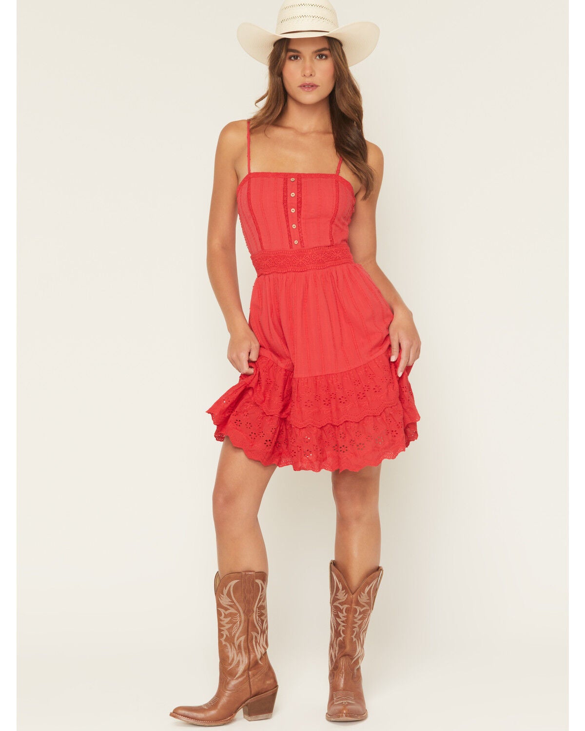 Miss Me Women's Sleeveless Eyelet Trim Mini Dress, Red, hi-res