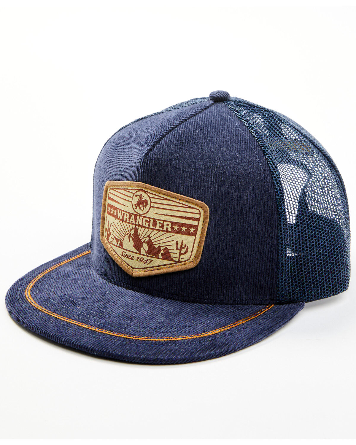 Image #1 - Boot Barn X Wrangler Men's Corduroy Trucker Cap, Navy, hi-res