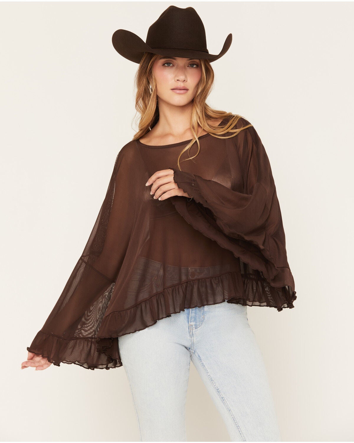 Wild Moss Women's Solid Mesh Poncho Top, Brown, hi-res