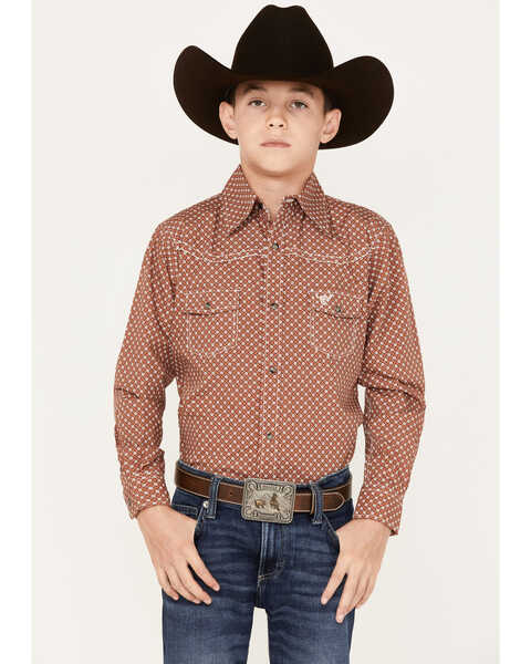 Cowboy Hardware Boys' Geo Print Long Sleeve Snap Western Shirt, Rust Copper, hi-res
