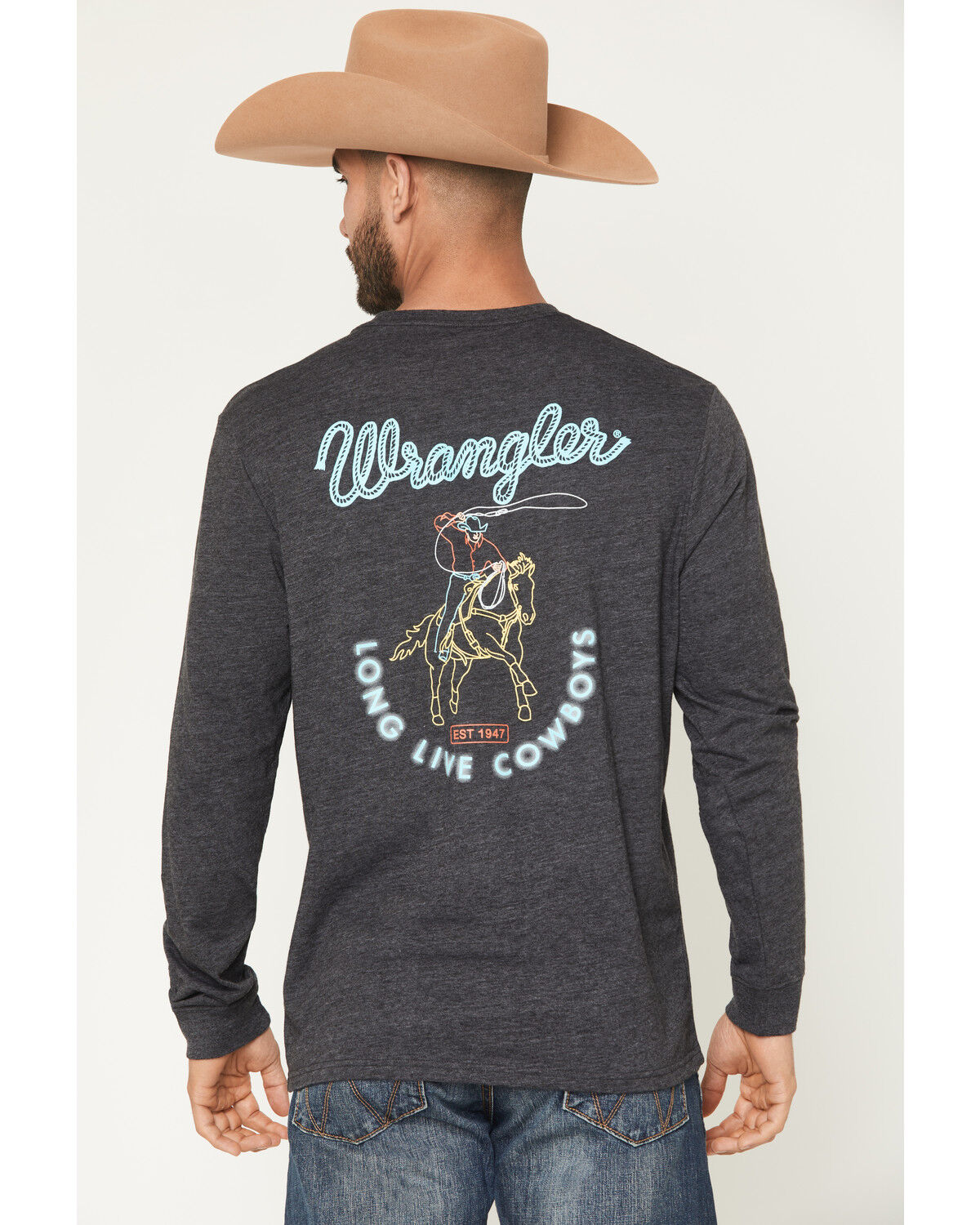 Image #1 - Wrangler Men's Long Live Cowboys Long Sleeve Graphic T-Shirt, Heather Grey, hi-res