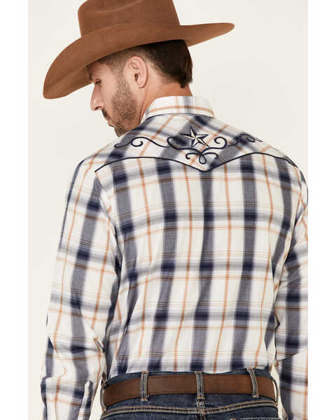 Image #5 - Roper Men's Classic Large Plaid Star Print Embroidered Long Sleeve Pearl Snap Western Shirt , Navy, hi-res