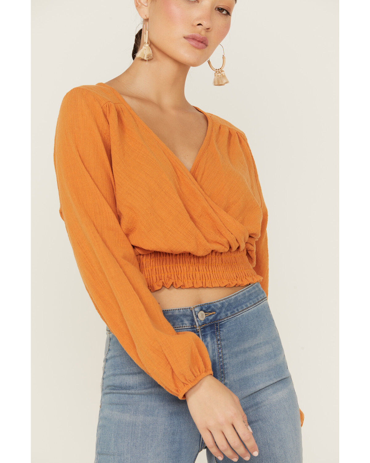 Image #2 - Saints & Hearts Women's Long Sleeve Surplice Smocked Waist Crop Top, Gold, hi-res