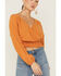 Saints & Hearts Women's Long Sleeve Surplice Smocked Waist Crop Top , Gold, hi-res