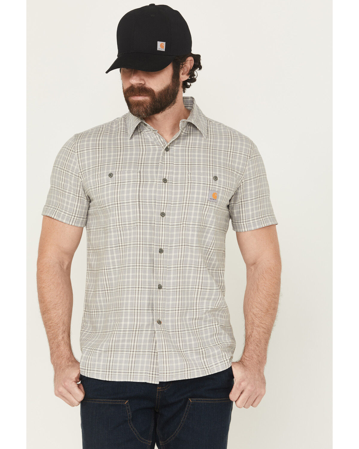 Image #1 - Carhartt Men's Rugged Flex® Relaxed Fit Lightweight Short Sleeve Plaid Print Button-Down Stretch Work Shirt, Grey, hi-res