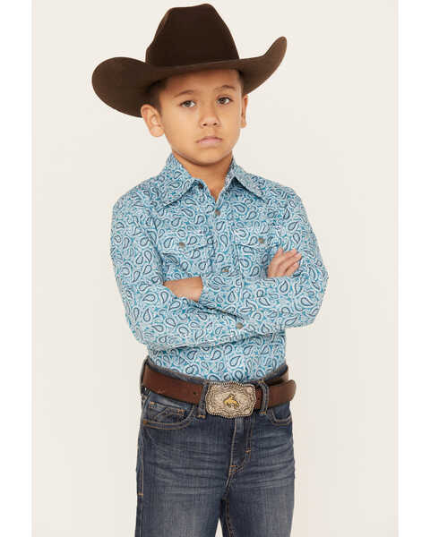 Wrangler 20x Boys' Paisley Print Long Sleeve Western Snap Shirt, Blue, hi-res