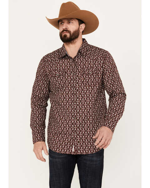 Moonshine Spirit Men's Gypsy Print Long Sleeve Western Snap Shirt, Burgundy, hi-res