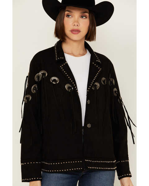 Image #1 - Vocal Women's Concho Studded Fringe Jacket , Black, hi-res