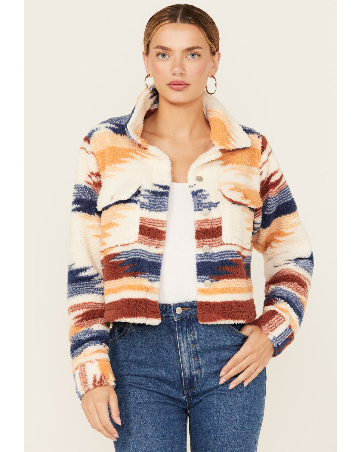 Image #1 - Ashley Women's Southwestern Print Sherpa Jacket, Cream, hi-res