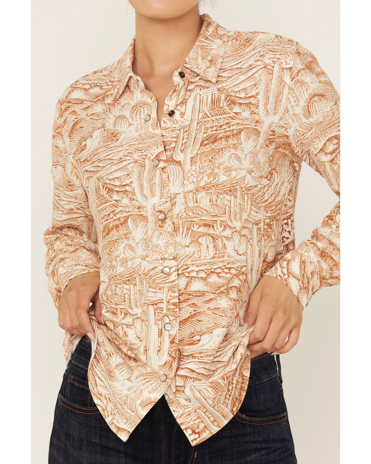 Image #3 - Idyllwind Women's Rockwall Conversation Print Feather Light Long Sleeve Pearl Snap Western Shirt, Caramel, hi-res