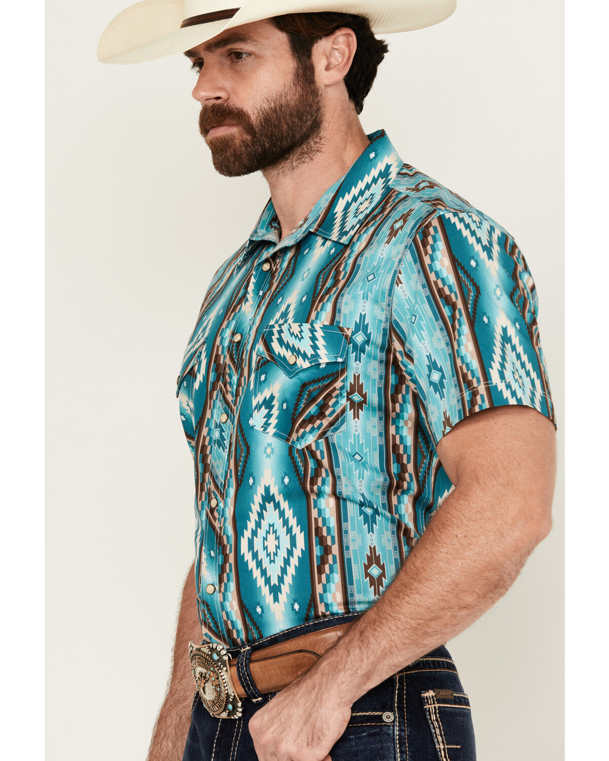 Image #2 - Rock & Roll Denim Men's Southwestern Print Short Sleeve Snap Stretch Western Shirt, Turquoise, hi-res