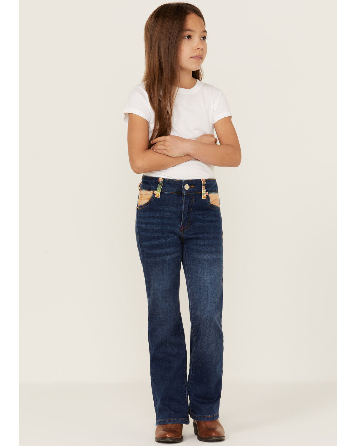 Image #1 - Ranch Dress'n Girls' Medium Wash Serape Pocket Stretch Regular Bootcut Jeans, Blue, hi-res