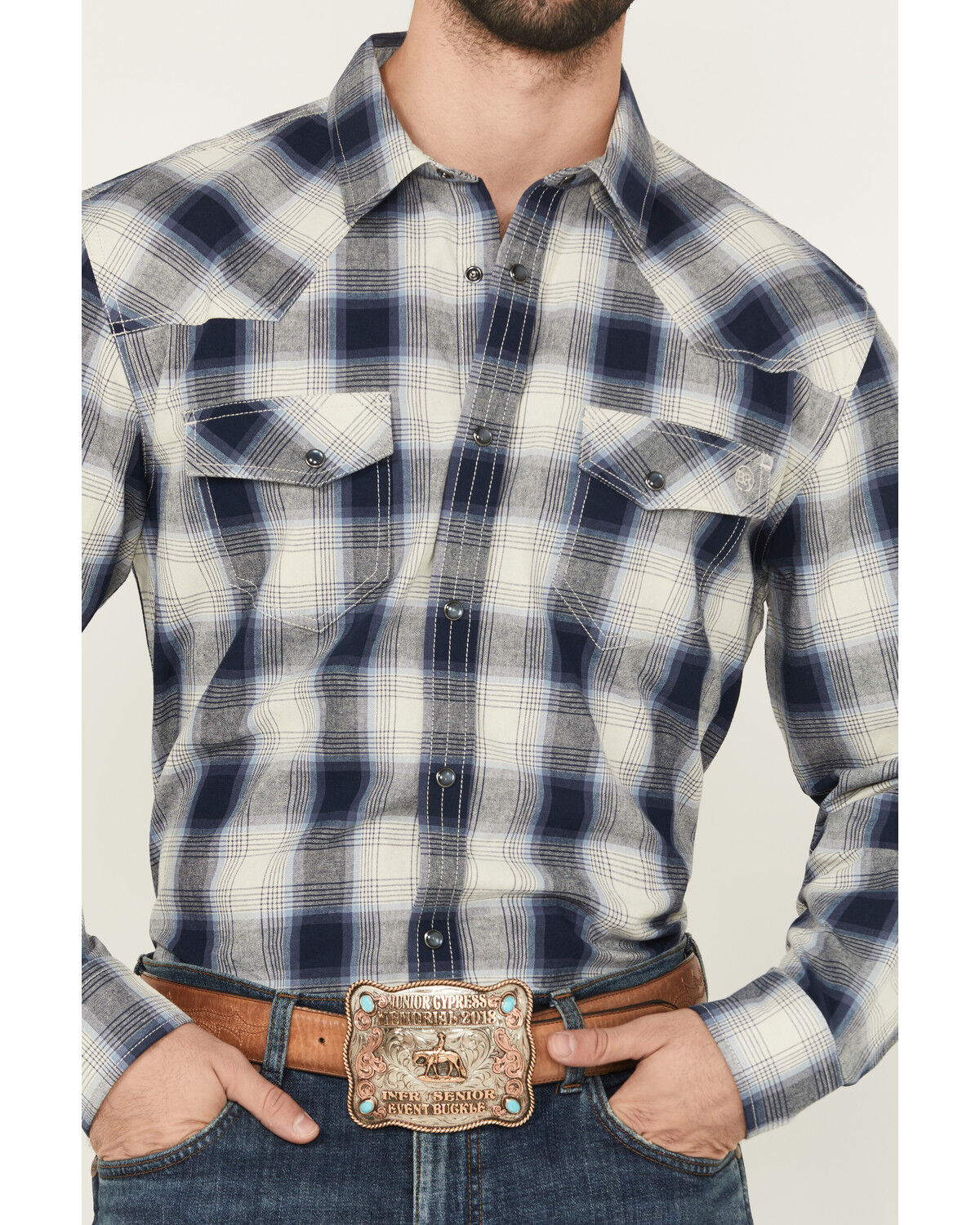 Image #3 - Blue Ranchwear Men's Aster Plaid Print Long Sleeve Snap Western Shirt, Navy, hi-res