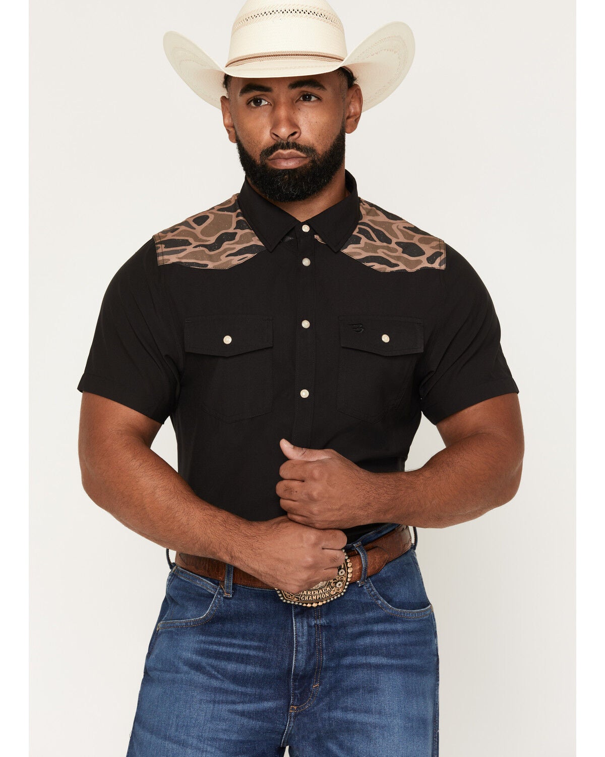Image #1 - Burlebo Men's Camo Color Block Short Sleeve Snap Performance Western Shirt, Black, hi-res