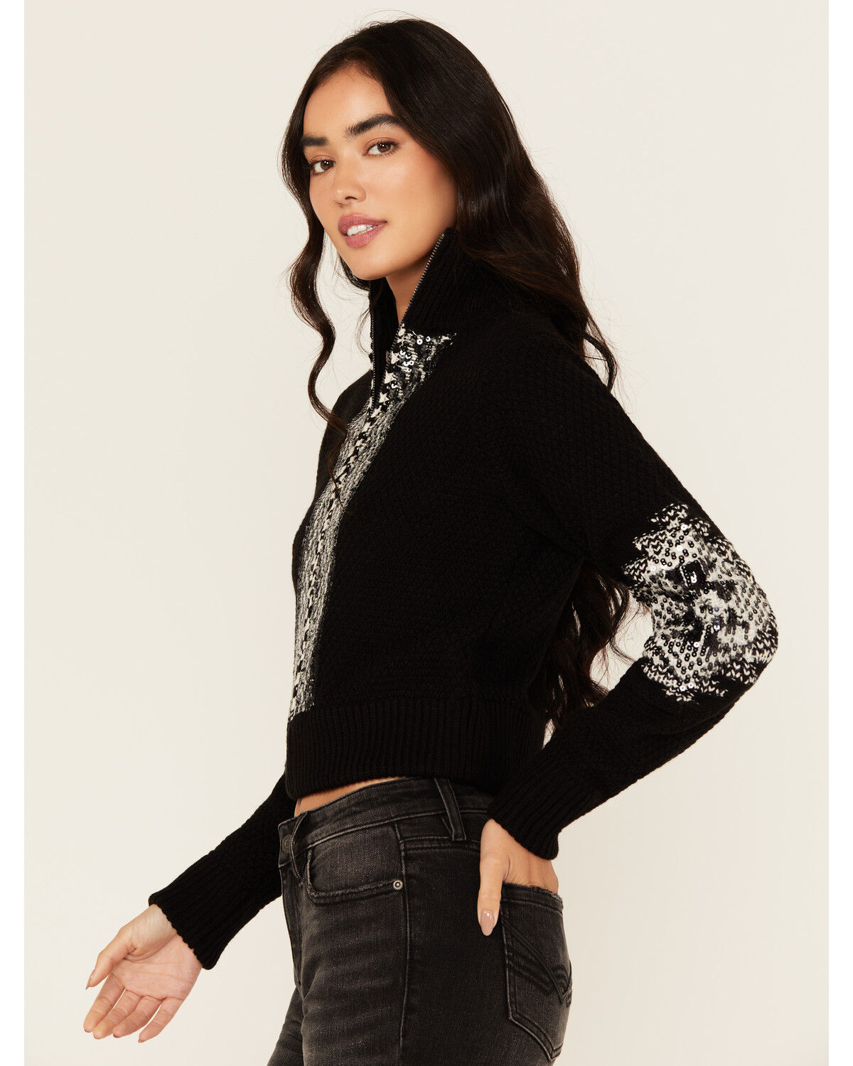 Image #3 - Idyllwind Women's Dallas Sequins Cropped Zip Front Sweater, Black, hi-res