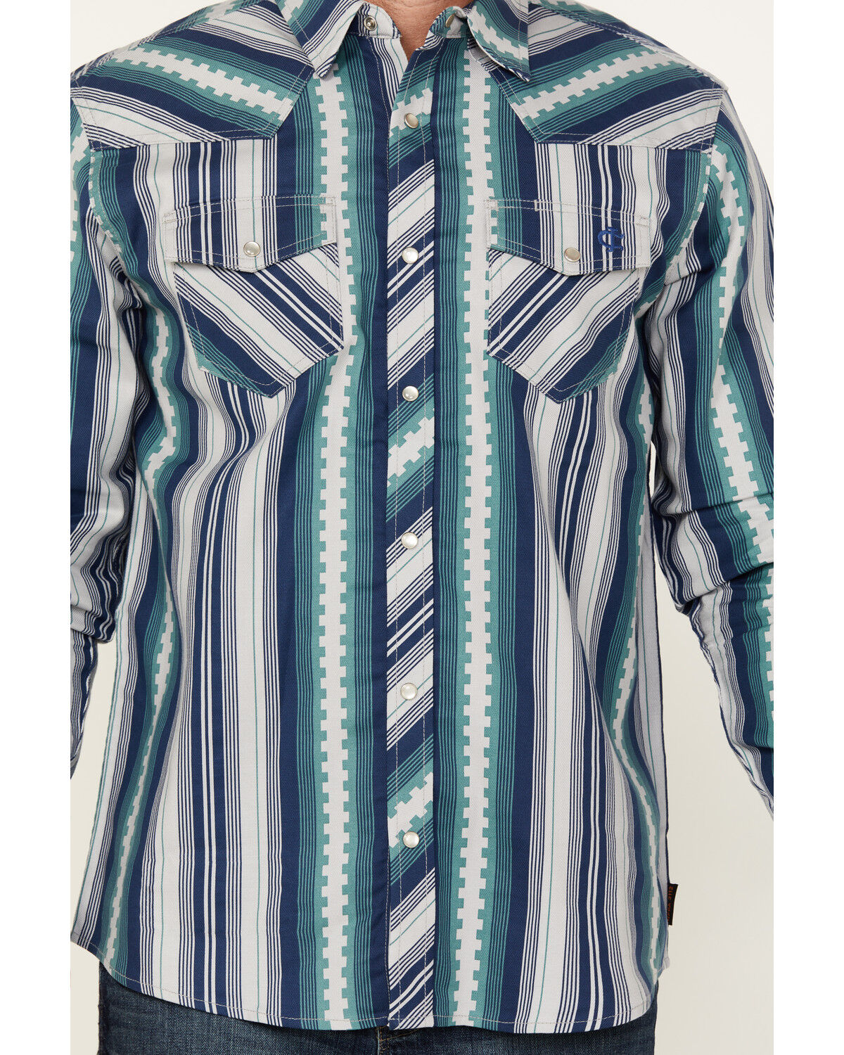 Image #3 - Cody James Men's FR Mesa Printed Long Sleeve Pearl Snap Western Work Shirt, Navy, hi-res
