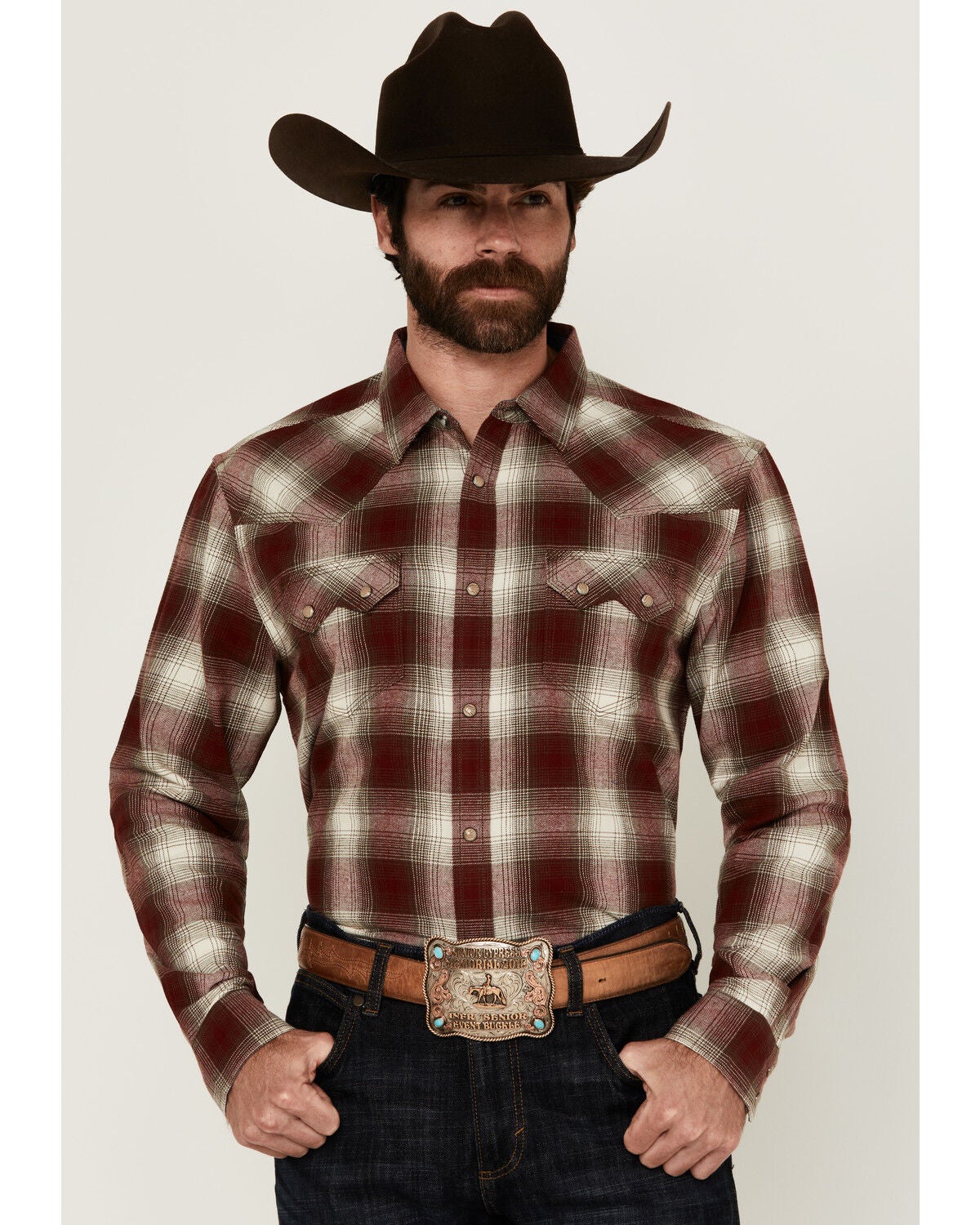 Moonshine Spirit&reg; Men's Vino Plaid Print Long Sleeve Snap Western Shirt, Cream, hi-res