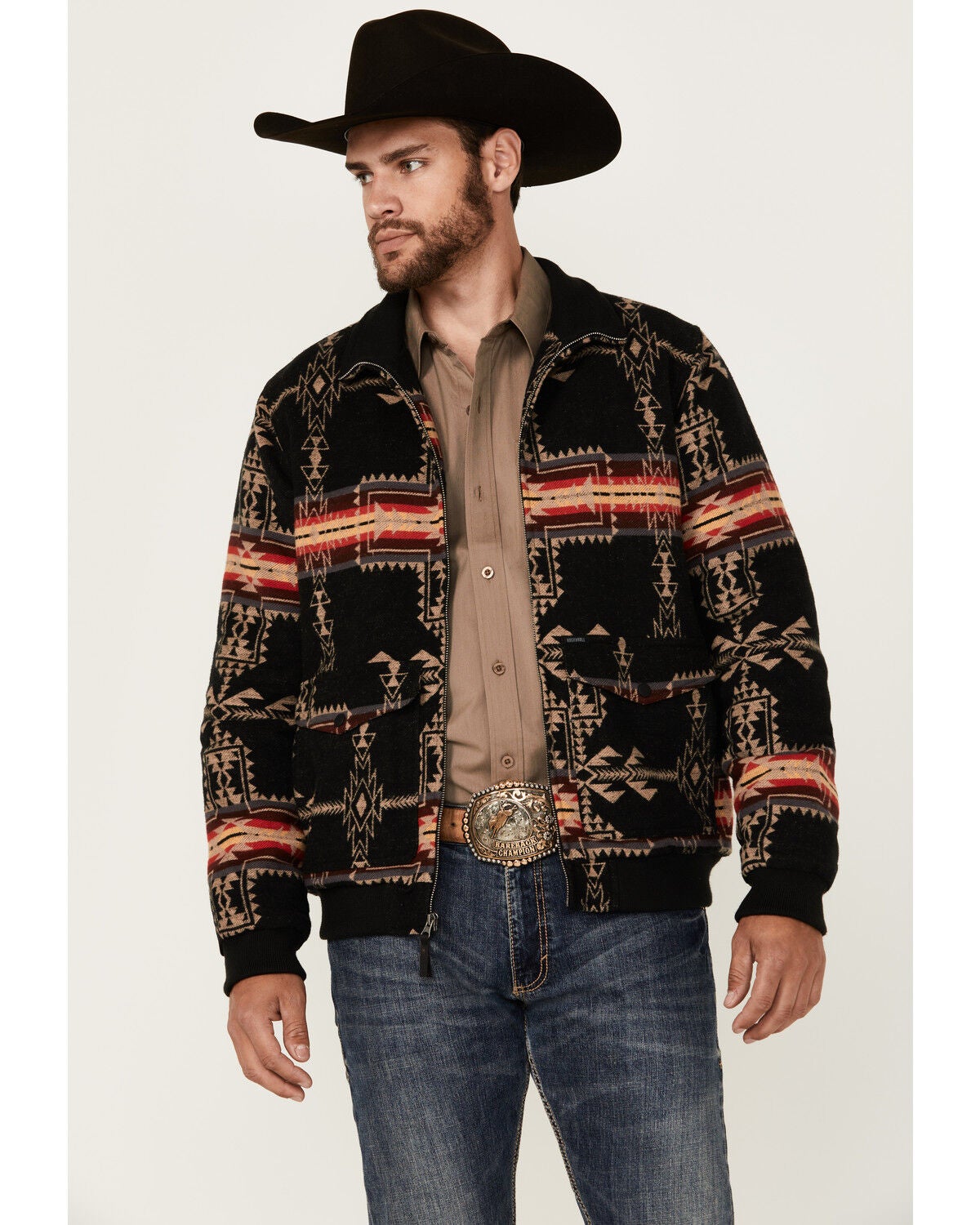 Rock & Roll Denim Men's Southwestern Print Bomber Jacket, Black, hi-res