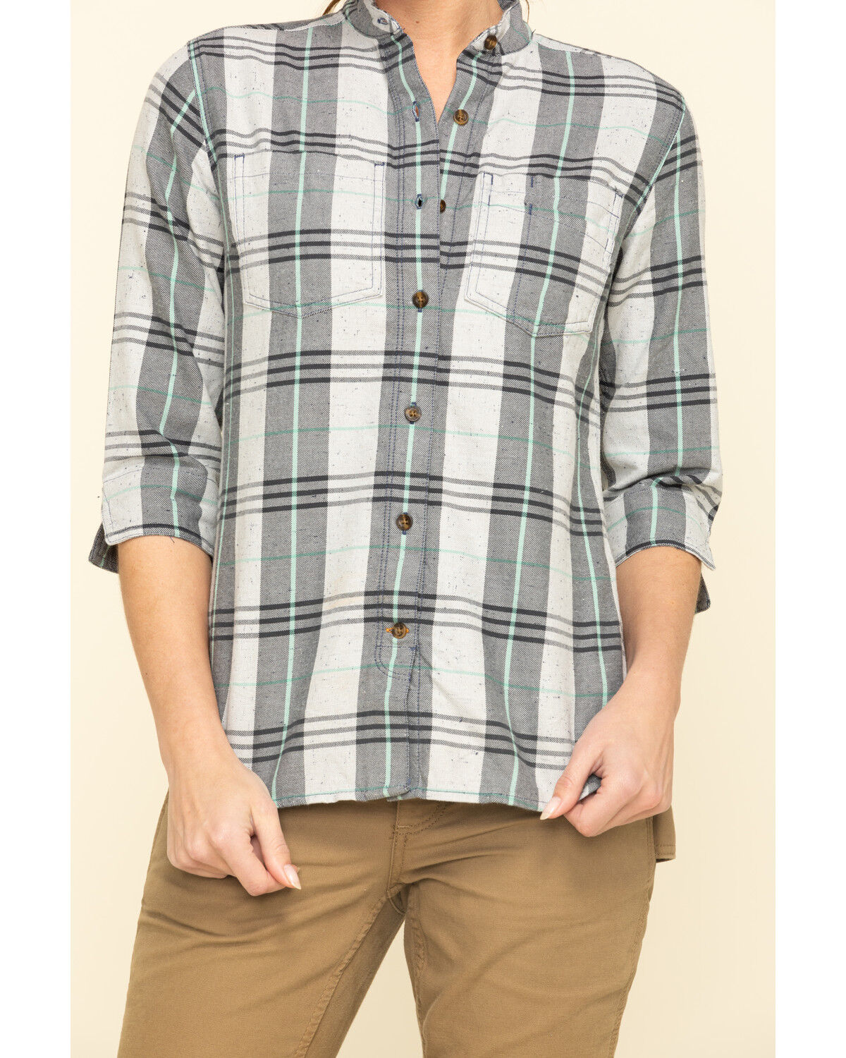Image #4 - Carhartt Women's Twilight Relaxed 3/4 Sleeve Plaid Shirt, Dark Blue, hi-res