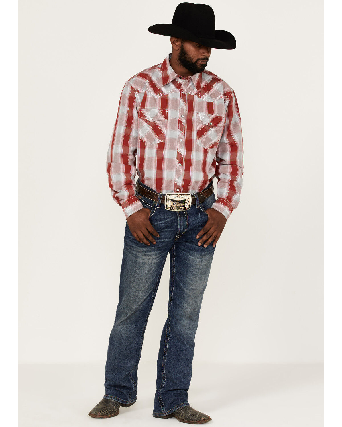 Image #2 - Cowboy Hardware Men's Burgundy Hombre Plaid Long Sleeve Pearl Snap Western Shirt, Burgundy, hi-res