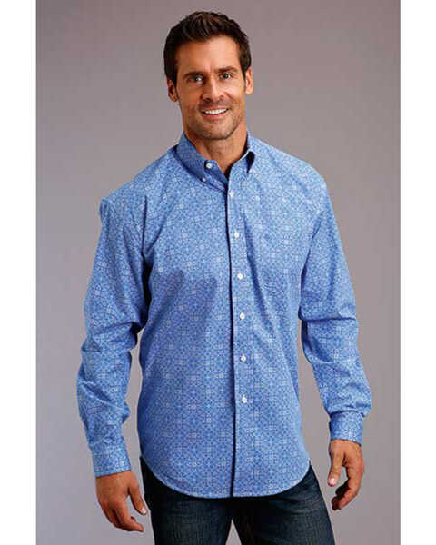 Stetson Men's Blue Filagree Print Long Sleeve Western Shirt , Blue, hi-res