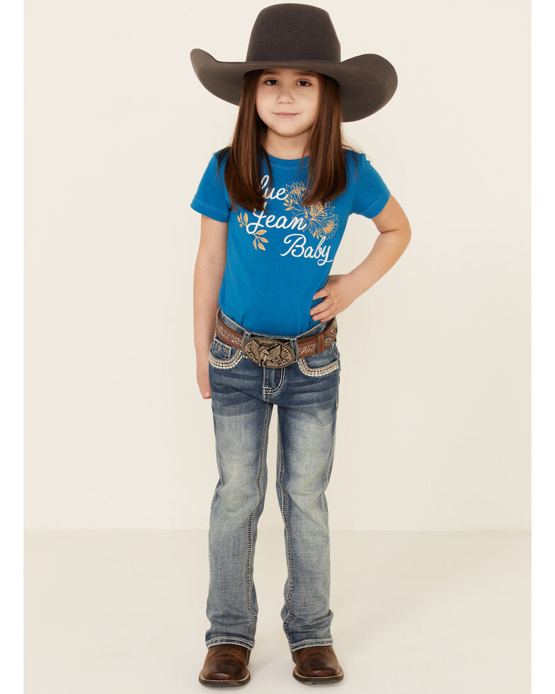 Grace In LA Toddler Girls'  Border Stitched Embellishment Pocket Bootcut Jeans , Blue, hi-res