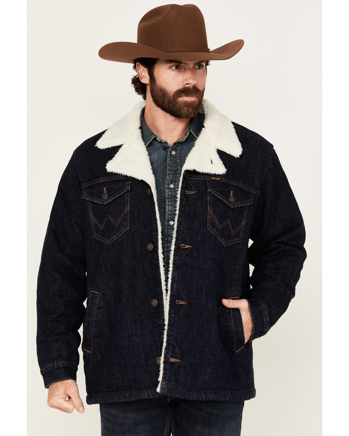 Wrangler Men's Archive Long Sherpa Lined Button-Down Denim Jacket, Dark Wash, hi-res