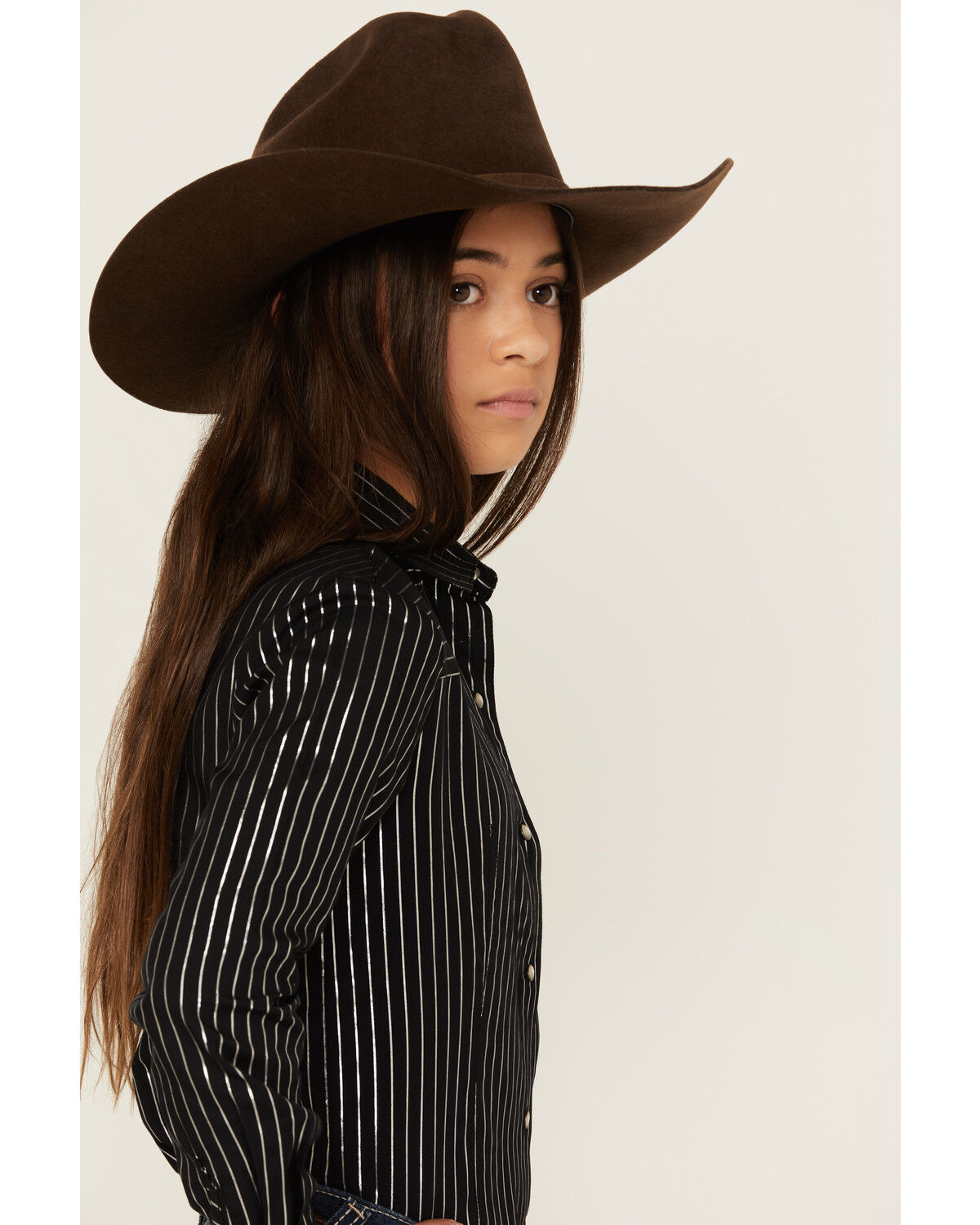 Image #2 - Cruel Girl Girls' Metallic Striped Long Sleeve Pearl Snap Western Shirt, Black, hi-res